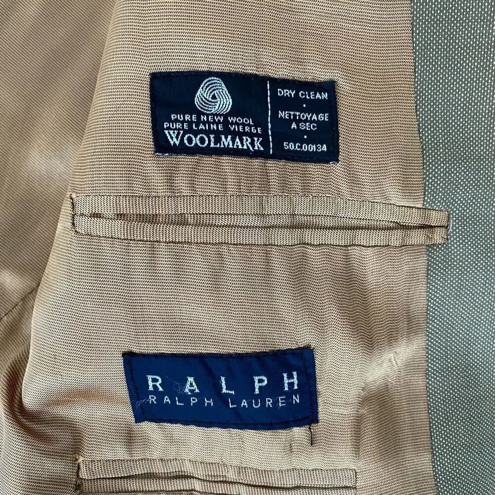 Ralph Lauren wool tan suit w/fully lined 3 button jacket and pleated cuffed pant